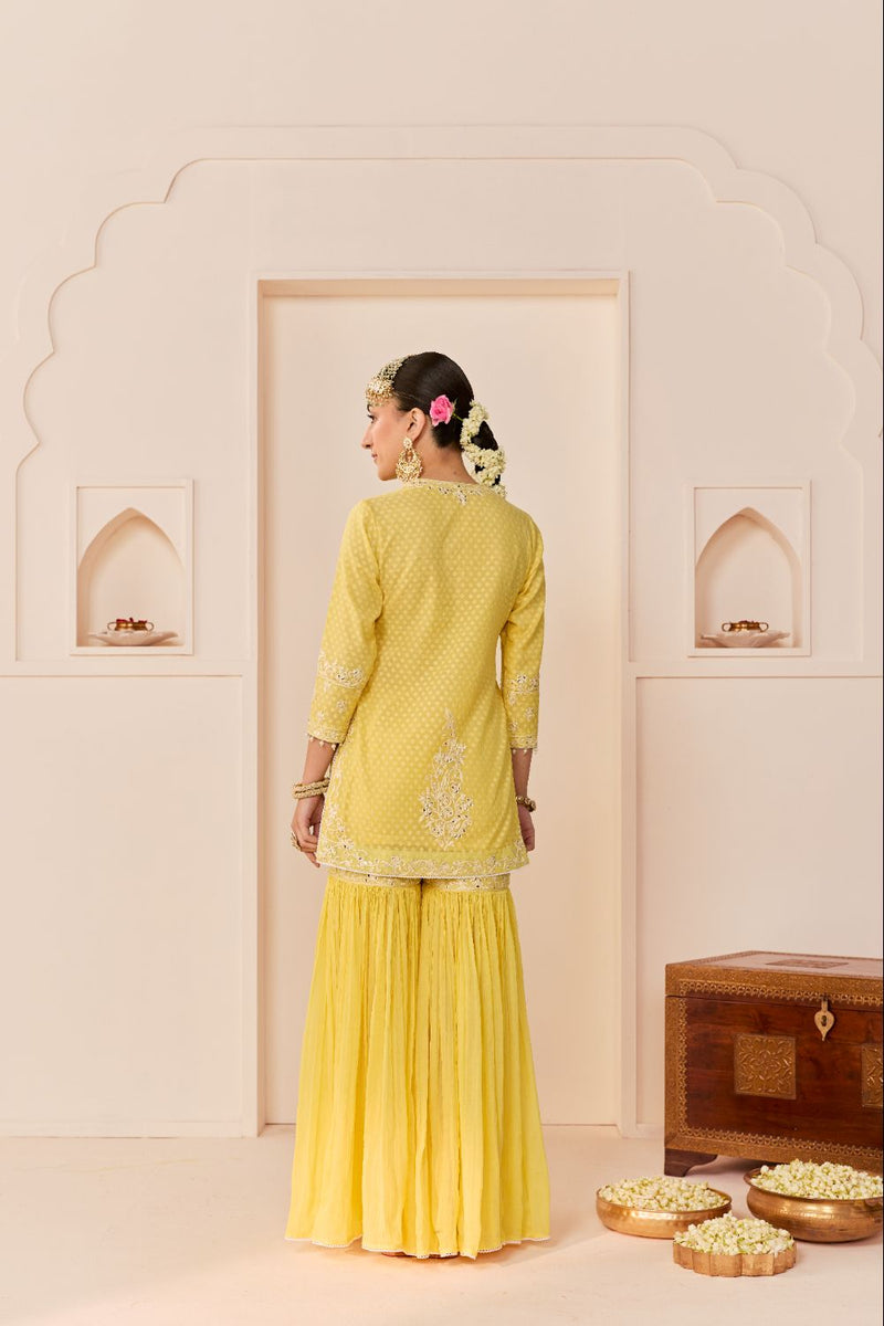 YASNEEN - LEMON YELLOW SHORT KURTA WITH GARARA AND DUPATTA chanderi silk kurta/kurta set by SHEETAL BATRA in lemon yellow with mint green for women Worldwide