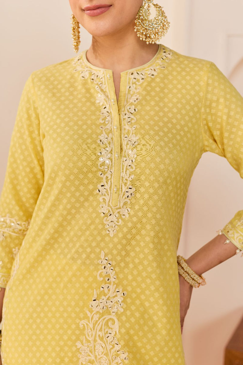YASNEEN - LEMON YELLOW SHORT KURTA WITH GARARA AND DUPATTA chanderi silk kurta/kurta set by SHEETAL BATRA in lemon yellow with mint green for women Worldwide
