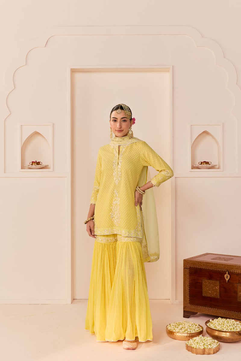 YASNEEN - LEMON YELLOW SHORT KURTA WITH GARARA AND DUPATTA chanderi silk kurta/kurta set by SHEETAL BATRA in lemon yellow with mint green for women Worldwide