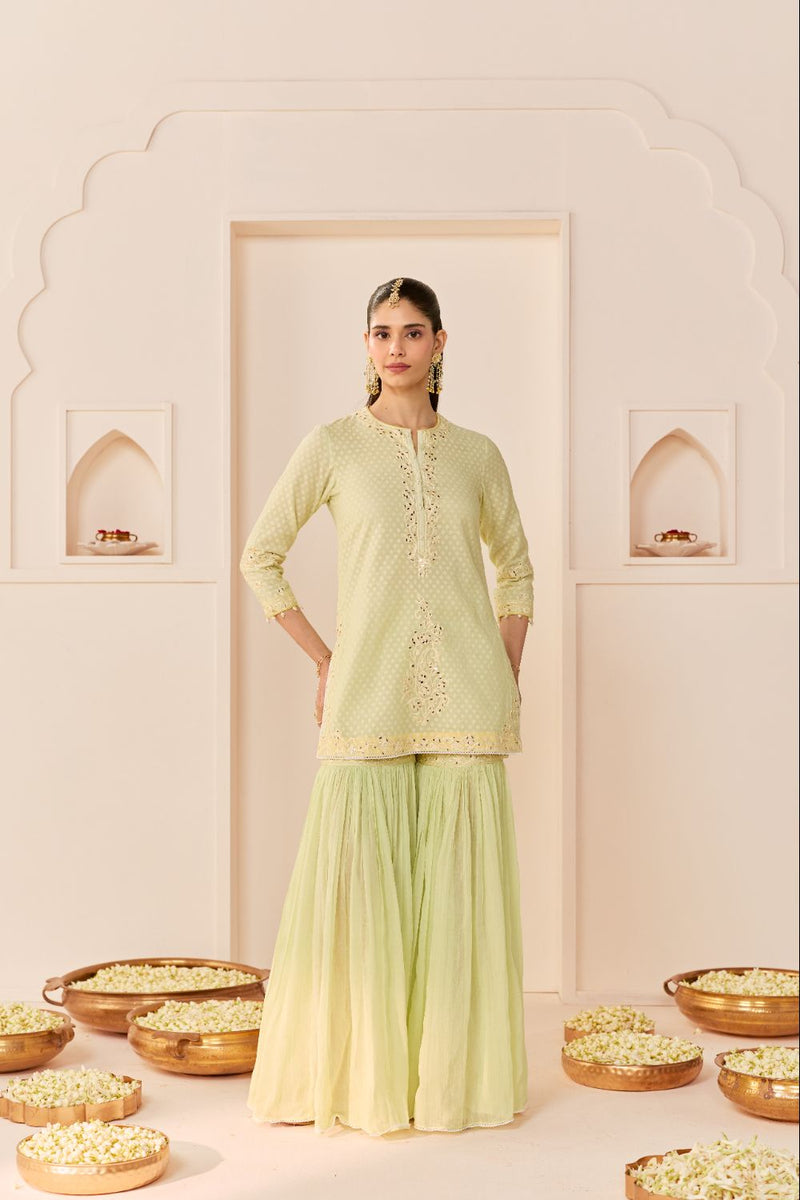 YASNEEN - MINT GREEN SHORT KURTA WITH GARARA AND DUPATTA chanderi silk kurta/kurta set by SHEETAL BATRA in mint green with lemon yellow for women Worldwide