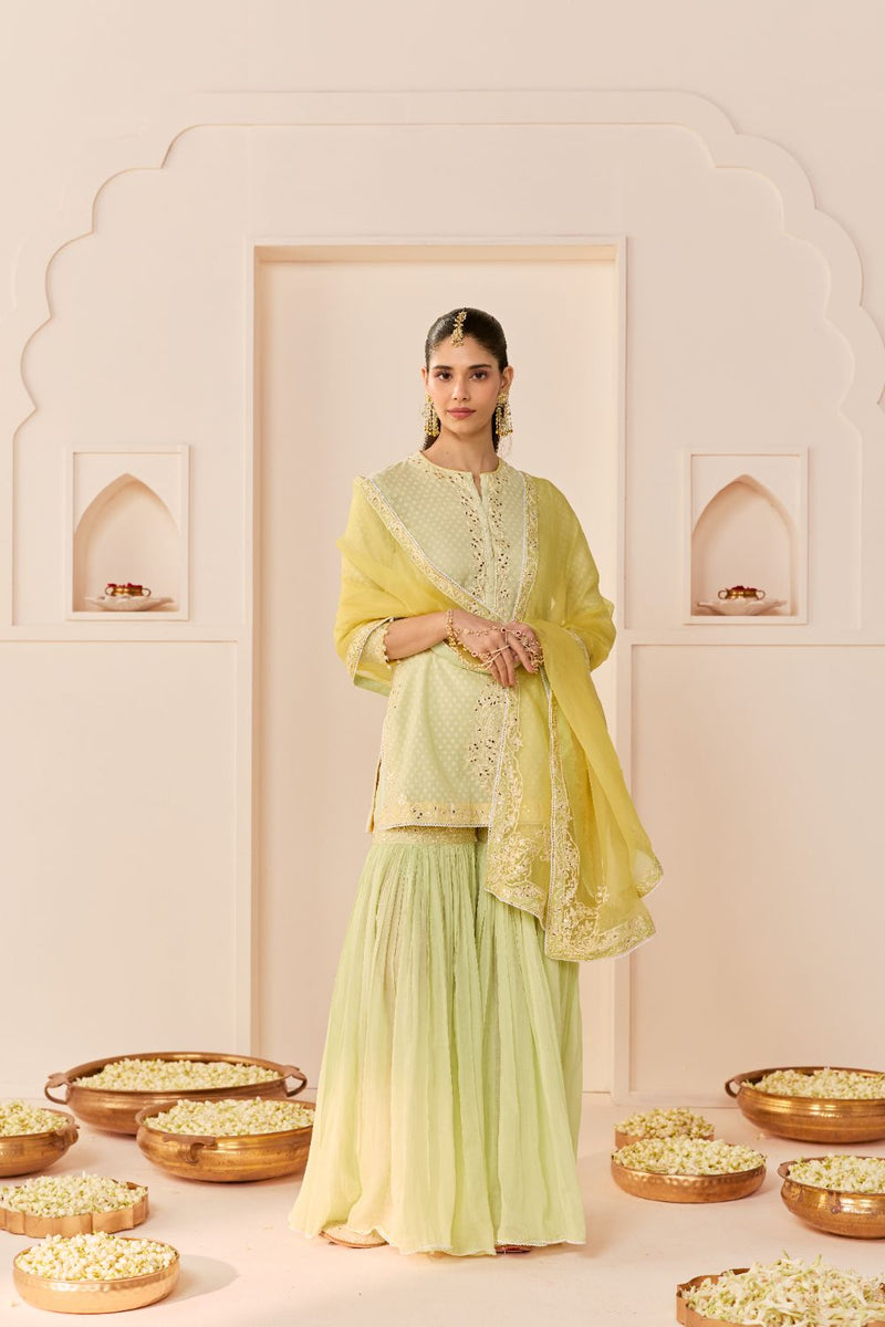 YASNEEN - MINT GREEN SHORT KURTA WITH GARARA AND DUPATTA chanderi silk kurta/kurta set by SHEETAL BATRA in mint green with lemon yellow for women Worldwide