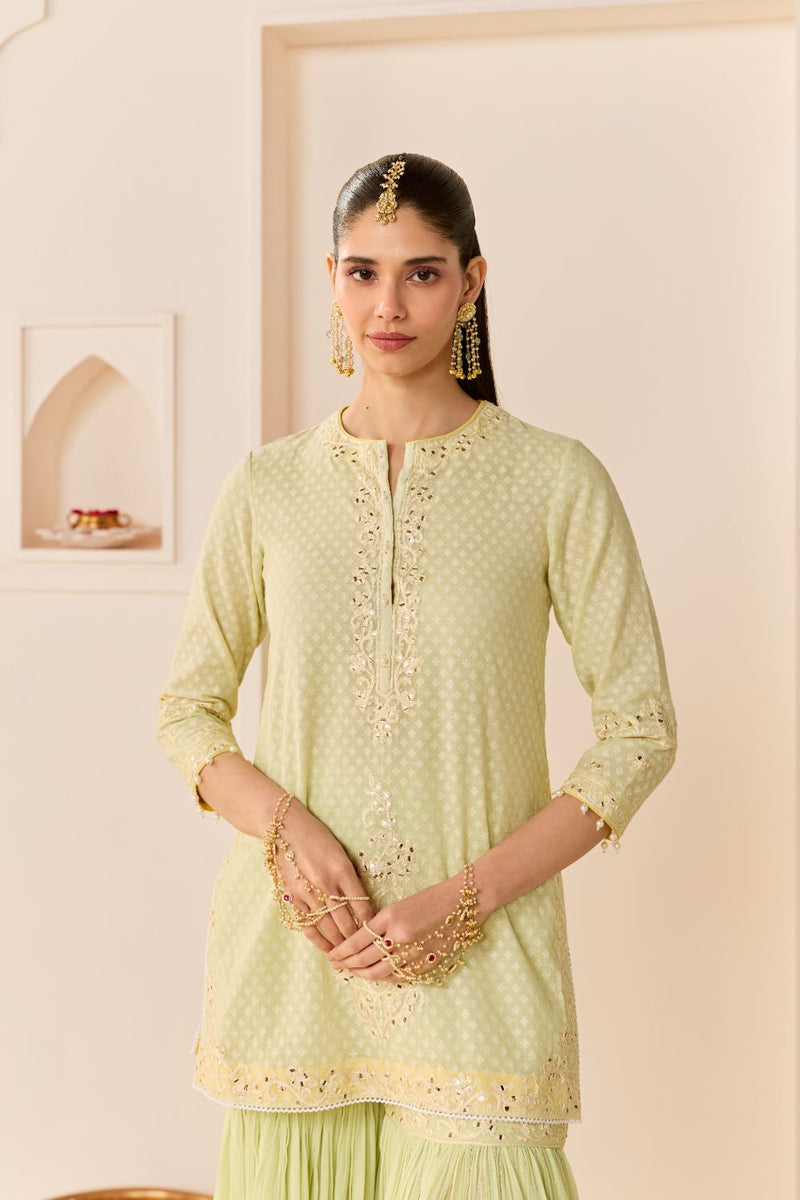 YASNEEN - MINT GREEN SHORT KURTA WITH GARARA AND DUPATTA chanderi silk kurta/kurta set by SHEETAL BATRA in mint green with lemon yellow for women Worldwide