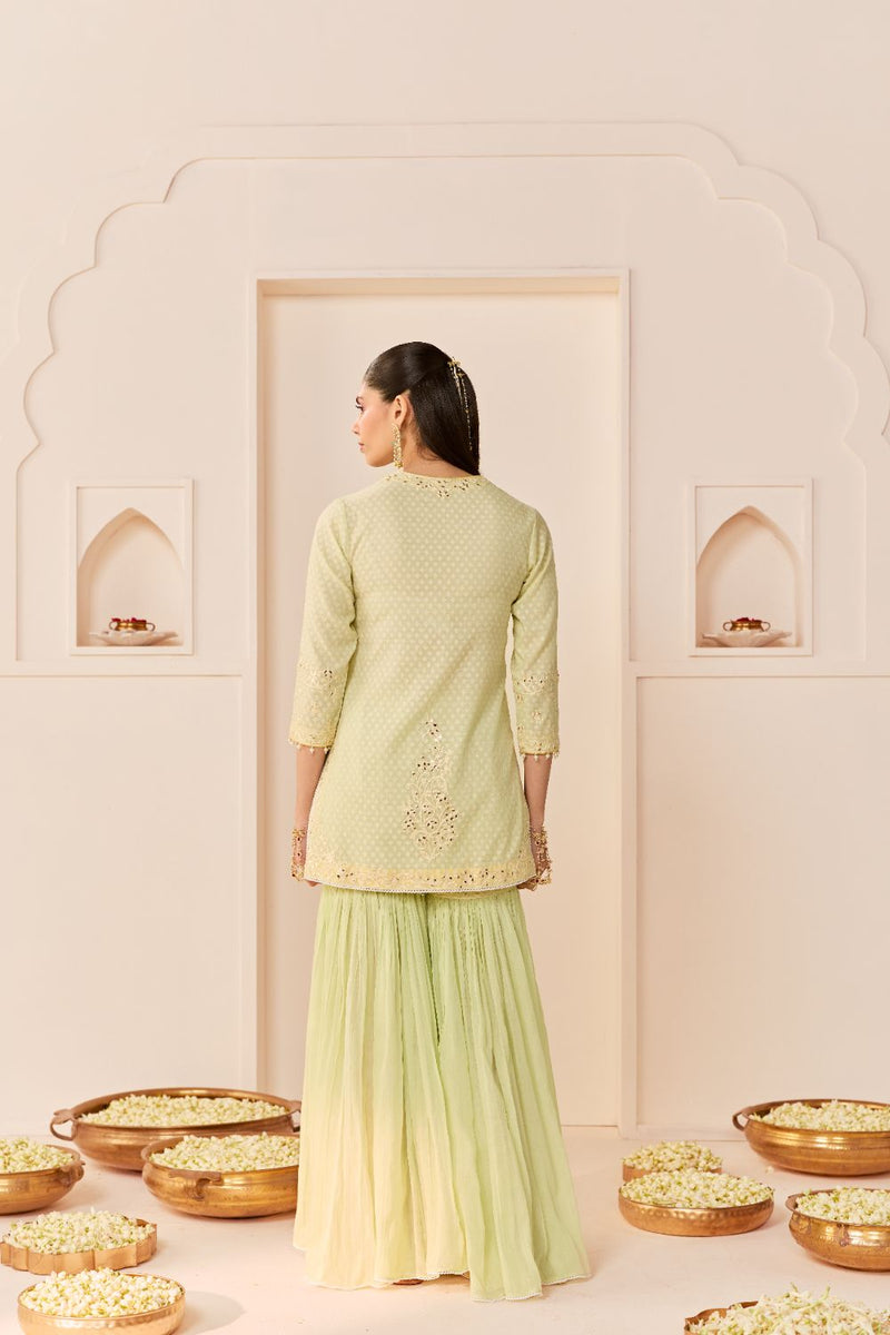 YASNEEN - MINT GREEN SHORT KURTA WITH GARARA AND DUPATTA chanderi silk kurta/kurta set by SHEETAL BATRA in mint green with lemon yellow for women Worldwide