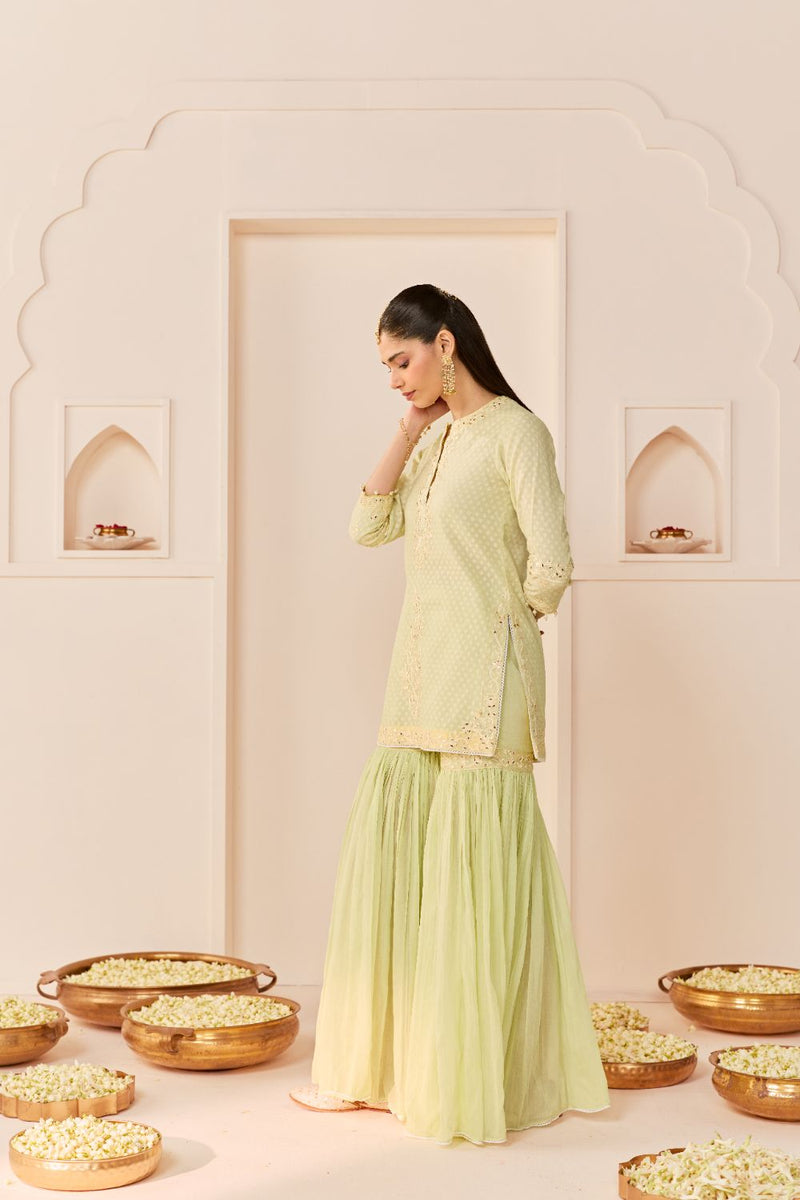 YASNEEN - MINT GREEN SHORT KURTA WITH GARARA AND DUPATTA chanderi silk kurta/kurta set by SHEETAL BATRA in mint green with lemon yellow for women Worldwide
