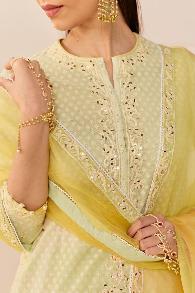 YASNEEN - MINT GREEN SHORT KURTA WITH GARARA AND DUPATTA chanderi silk kurta/kurta set by SHEETAL BATRA in mint green with lemon yellow for women Worldwide