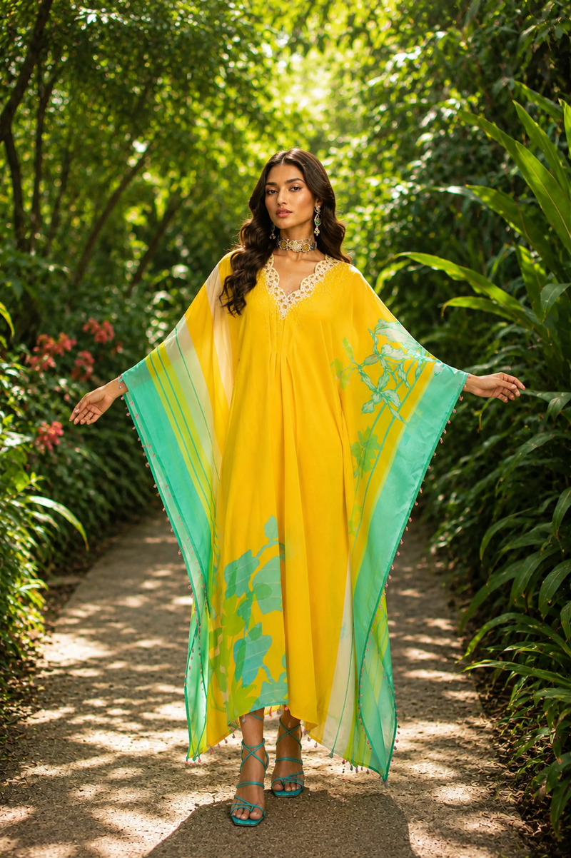 YELLOW PEARL KAFTAN Indo-Western Wear by Rajiramniq for women Worldwide