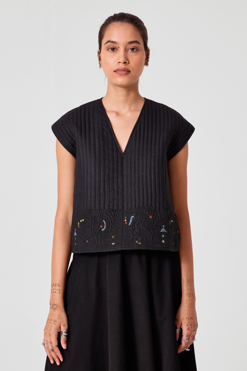 Yamika Black Quilted Embroidered Top