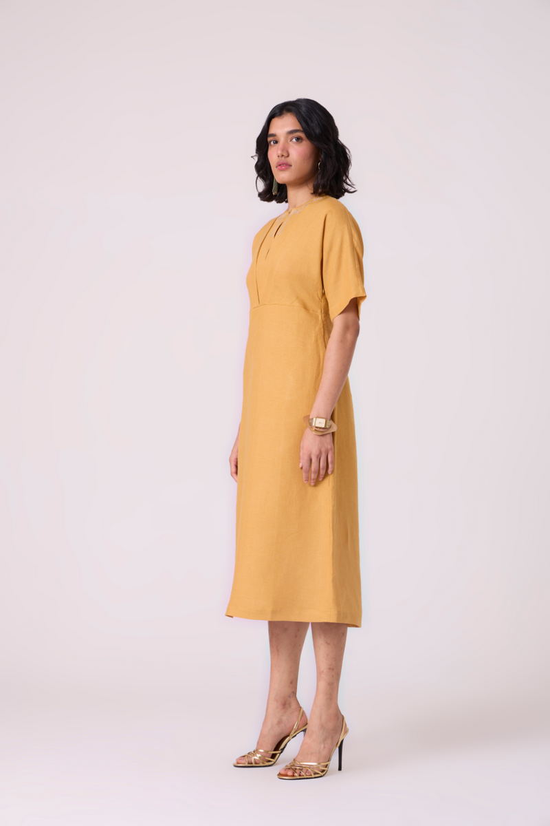 Yarina Yellow Linen Embroidered Dress all linen by The Summer House in yellow color for women Worldwide