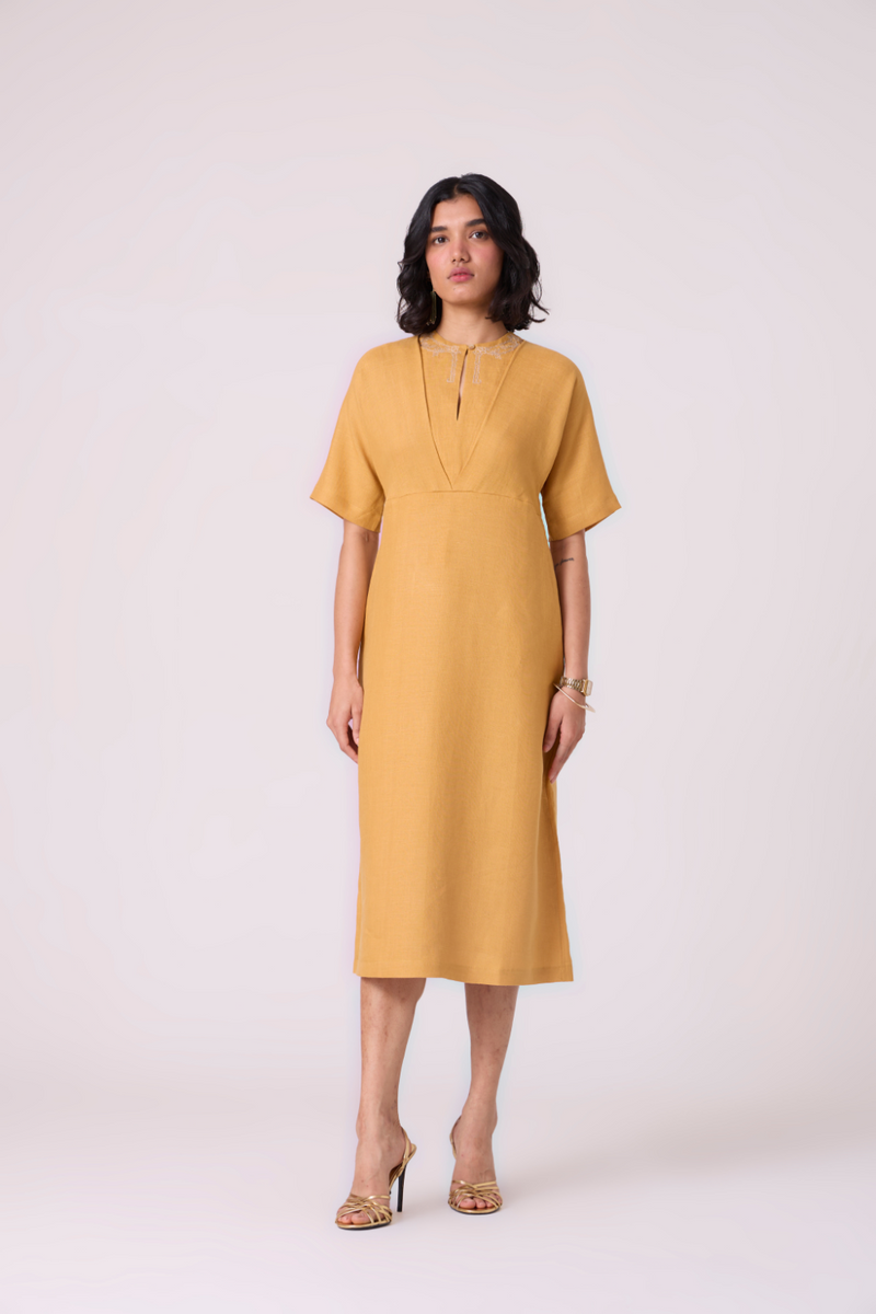 Yarina Yellow Linen Embroidered Dress all linen by The Summer House in yellow color for women Worldwide