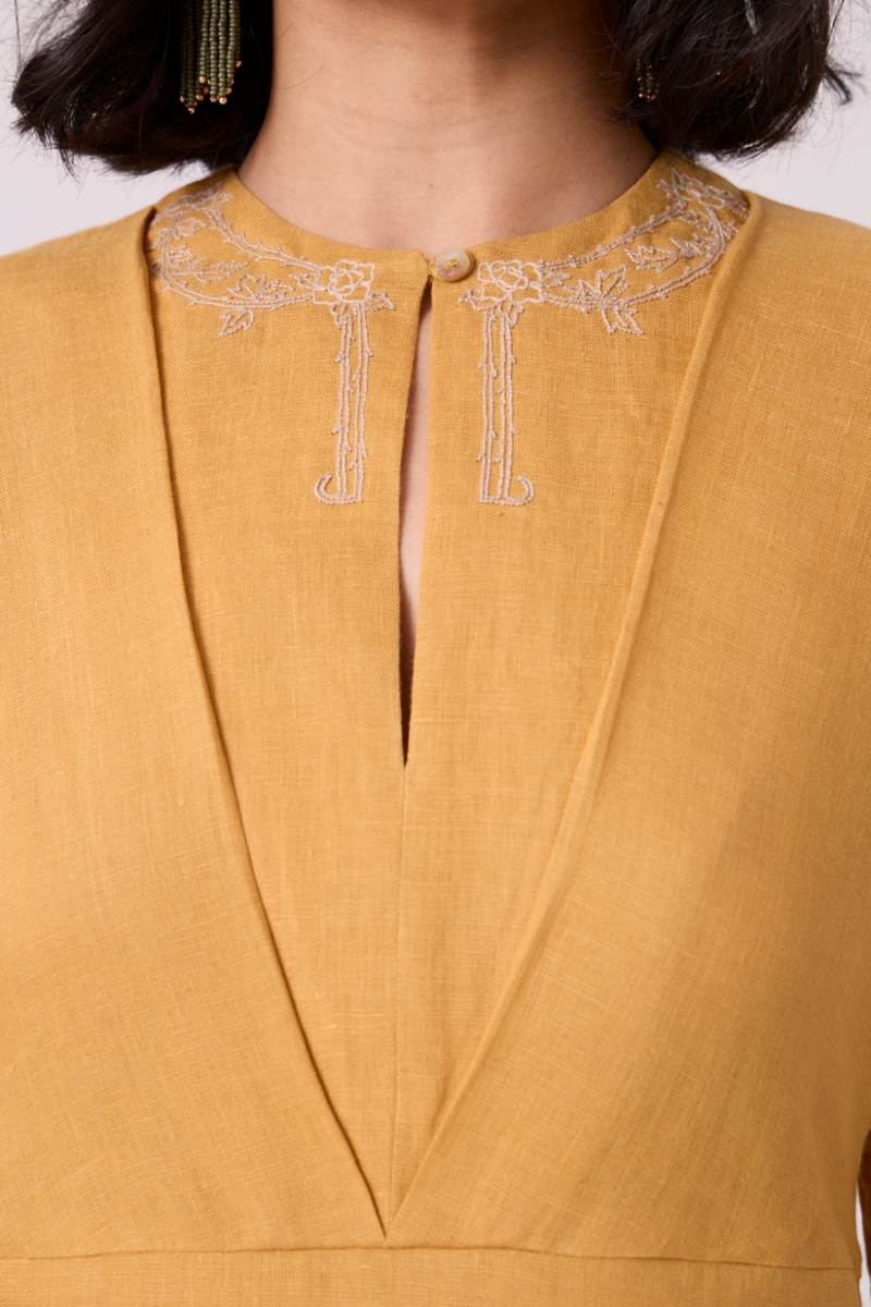 Yarina Yellow Linen Embroidered Dress all linen by The Summer House in yellow color for women Worldwide