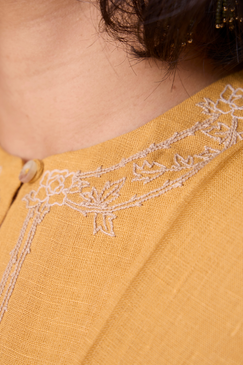 Yarina Yellow Linen Embroidered Dress all linen by The Summer House in yellow color for women Worldwide