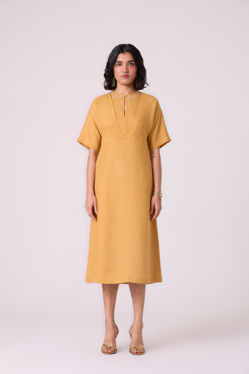 Yarina Yellow Linen Embroidered Dress all linen by The Summer House in yellow color for women Worldwide