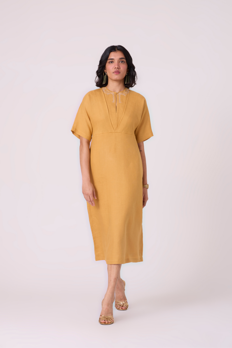 Yarina Yellow Linen Embroidered Dress all linen by The Summer House in yellow color for women Worldwide
