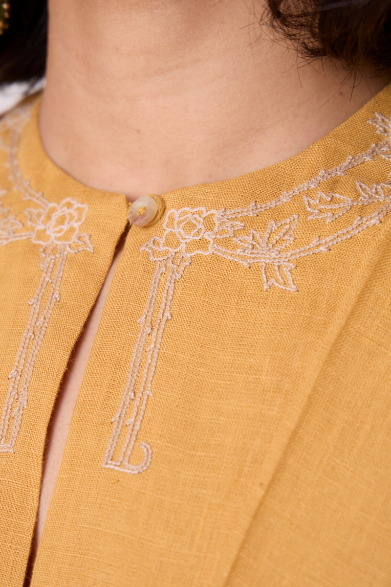 Yarina Yellow Linen Embroidered Dress all linen by The Summer House in yellow color for women Worldwide