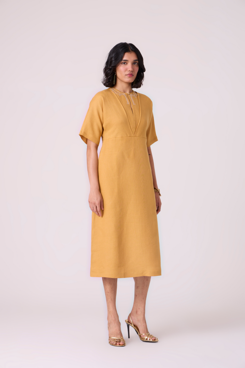 Yarina Yellow Linen Embroidered Dress all linen by The Summer House in yellow color for women Worldwide
