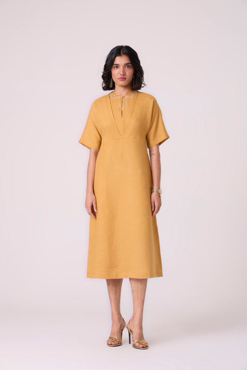 Yarina Yellow Linen Embroidered Dress all linen by The Summer House in yellow color for women Worldwide
