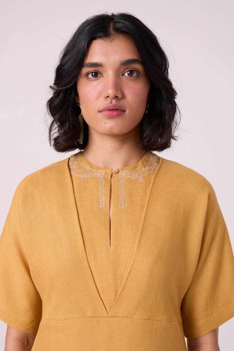 Yarina Yellow Linen Embroidered Dress all linen by The Summer House in yellow color for women Worldwide