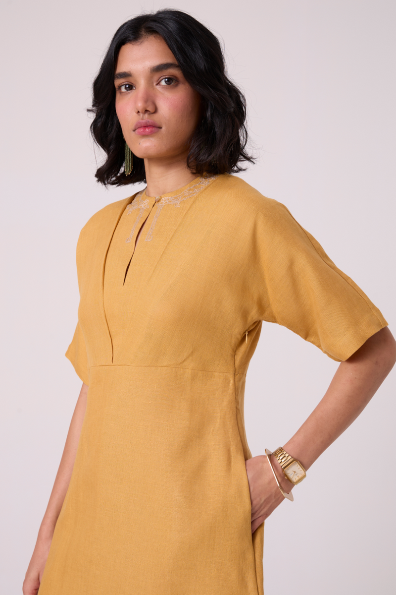 Yarina Yellow Linen Embroidered Dress all linen by The Summer House in yellow color for women Worldwide