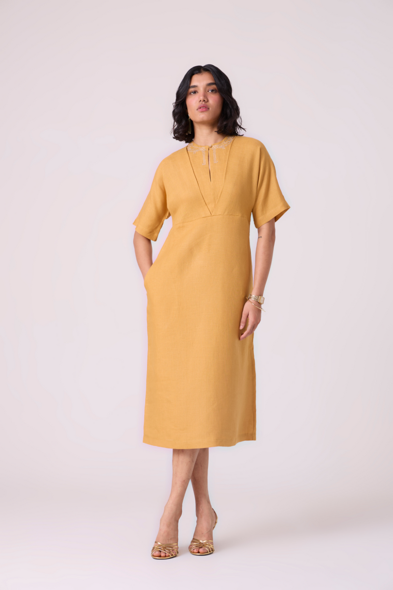 Yarina Yellow Linen Embroidered Dress all linen by The Summer House in yellow color for women Worldwide