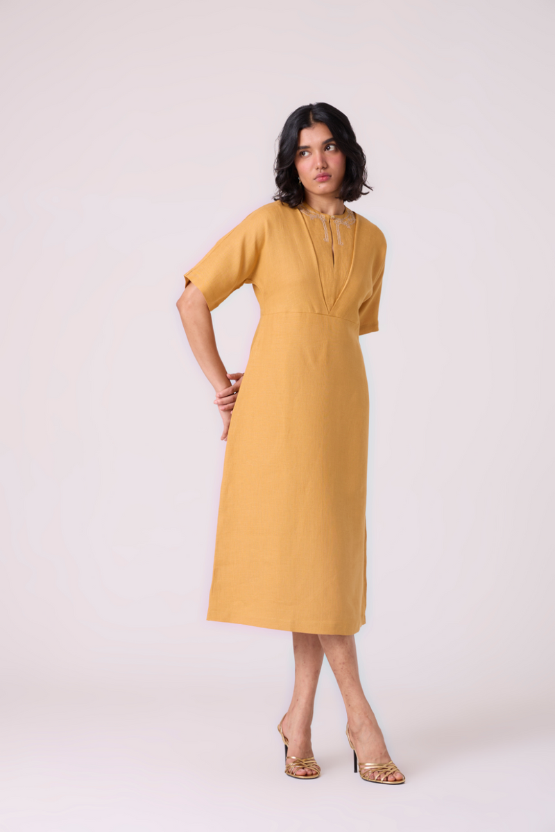 Yarina Yellow Linen Embroidered Dress all linen by The Summer House in yellow color for women Worldwide