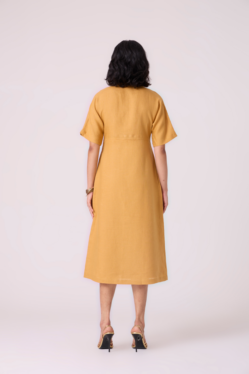 Yarina Yellow Linen Embroidered Dress all linen by The Summer House in yellow color for women Worldwide