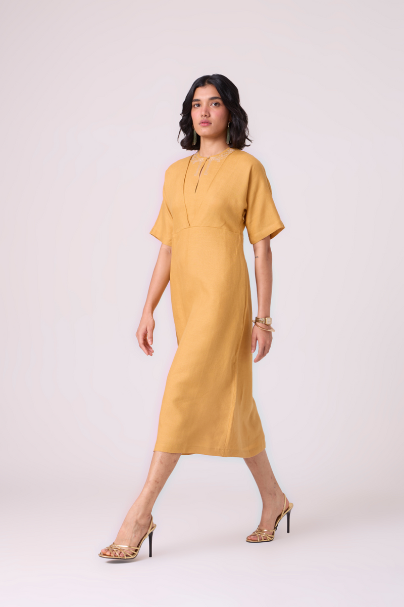 Yarina Yellow Linen Embroidered Dress all linen by The Summer House in yellow color for women Worldwide