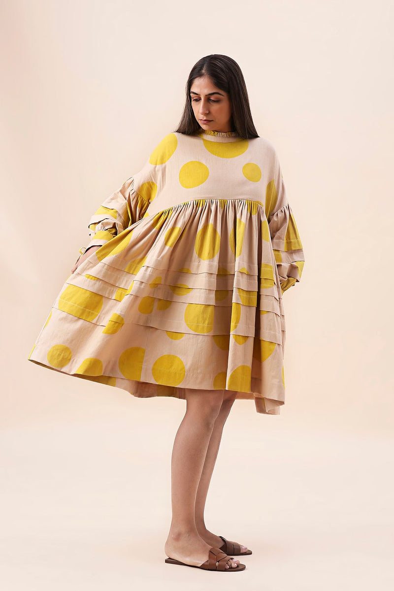 Yellow Hand Block Printed Polka Avira Dress cotton by Mati in yellow color for women Worldwide