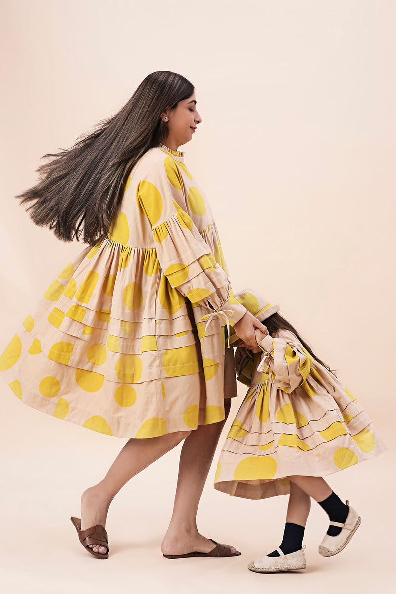 Yellow Hand Block Printed Polka Avira Dress cotton by Mati in yellow color for women Worldwide
