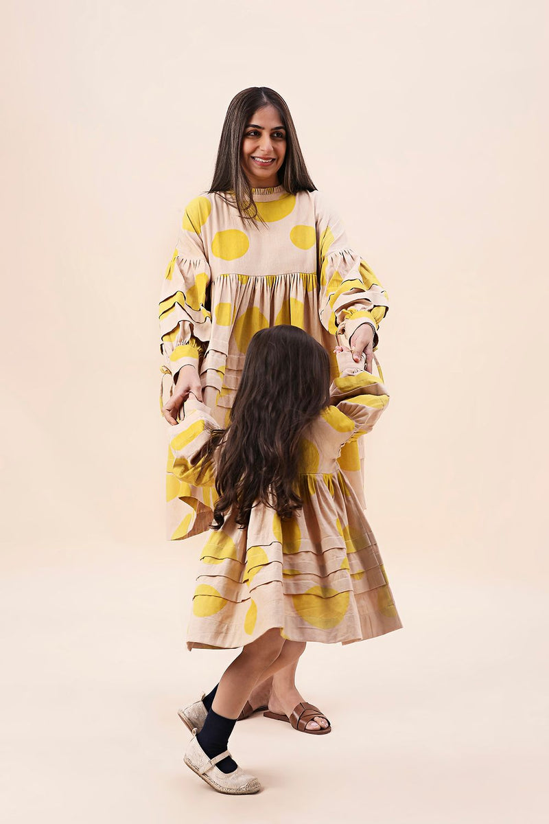 Yellow Hand Block Printed Polka Avira Dress cotton by Mati in yellow color for women Worldwide