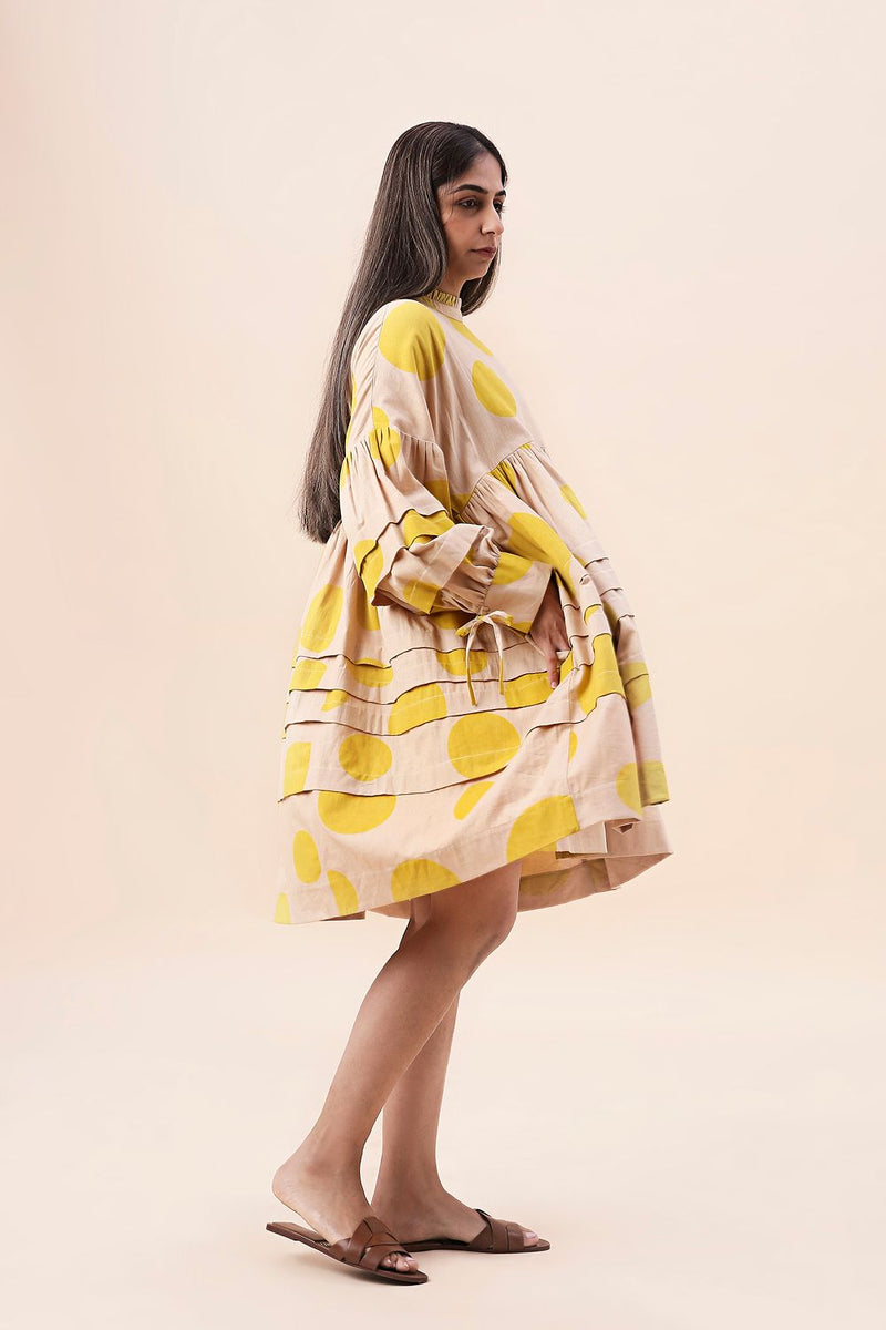 Yellow Hand Block Printed Polka Avira Dress cotton by Mati in yellow color for women Worldwide