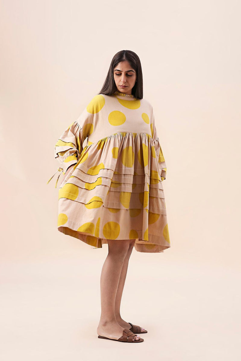 Yellow Hand Block Printed Polka Avira Dress cotton by Mati in yellow color for women Worldwide