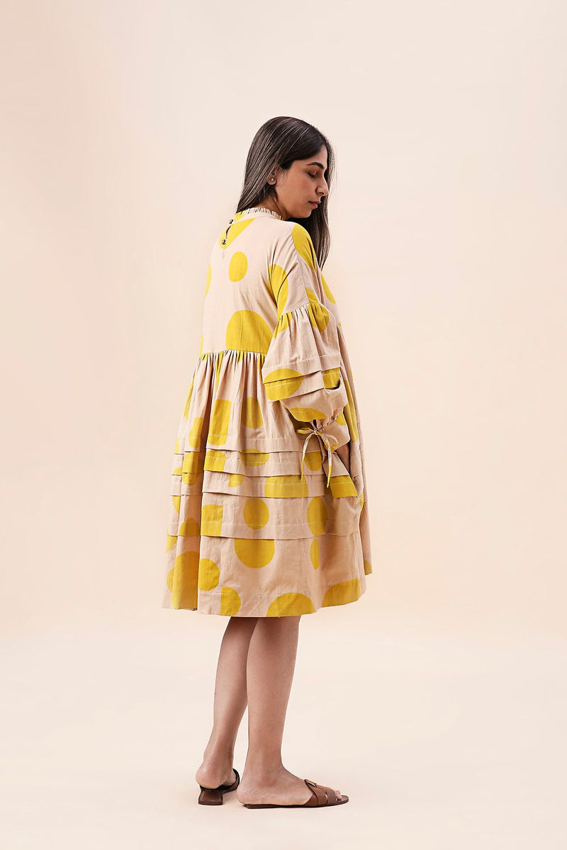 Yellow Hand Block Printed Polka Avira Dress cotton by Mati in yellow color for women Worldwide