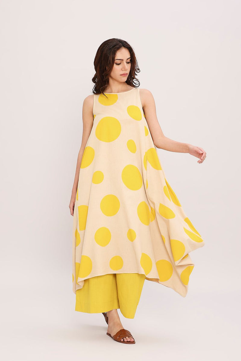 Yellow Hand Block Printed Polka Vari Co-ord Set (2 PCS) cotton by Mati in yellow color for women Worldwide