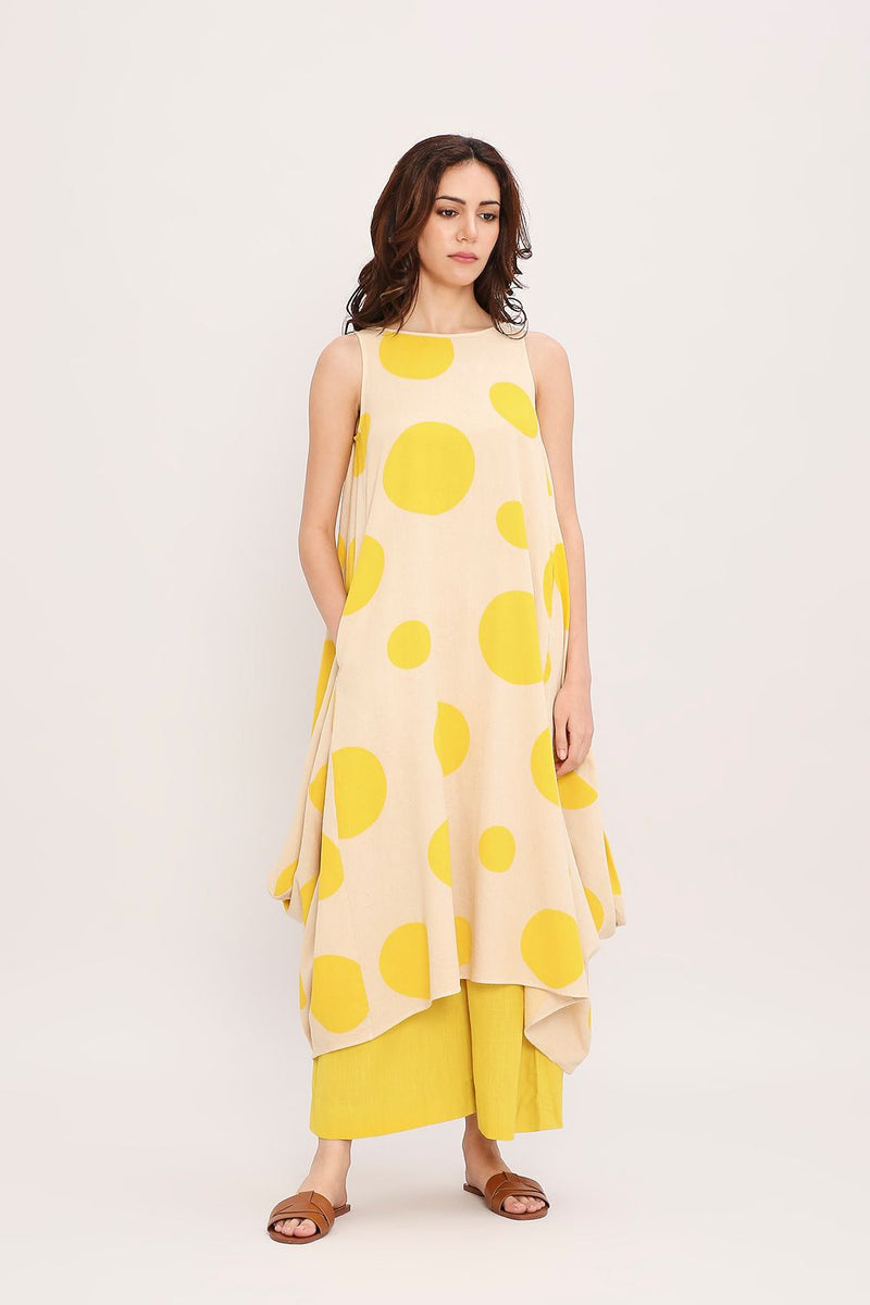 Yellow Hand Block Printed Polka Vari Co-ord Set (2 PCS) cotton by Mati in yellow color for women Worldwide