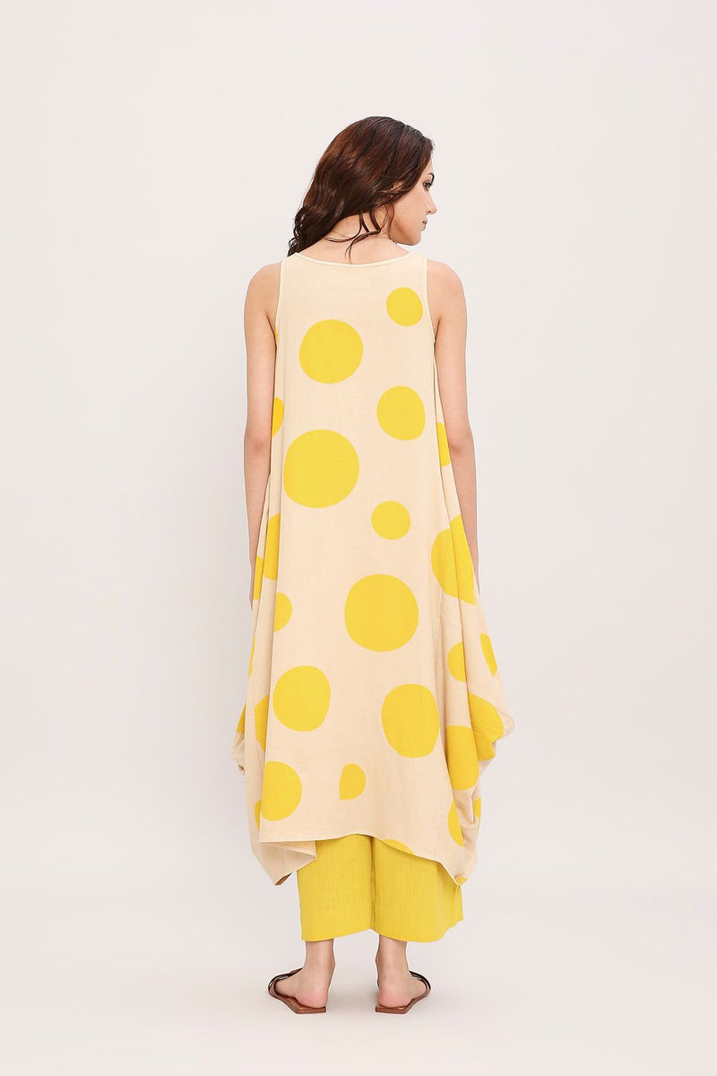 Yellow Hand Block Printed Polka Vari Co-ord Set (2 PCS) cotton by Mati in yellow color for women Worldwide
