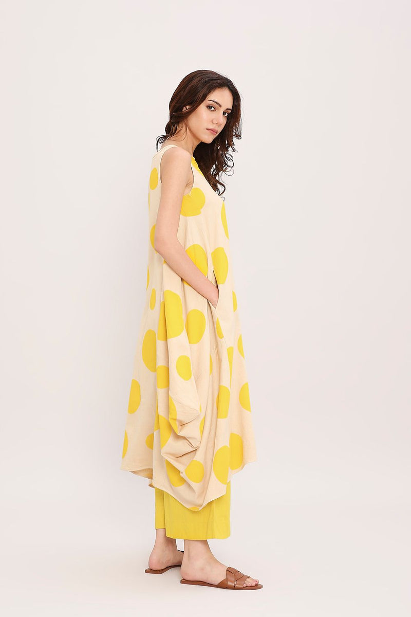 Yellow Hand Block Printed Polka Vari Co-ord Set (2 PCS) cotton by Mati in yellow color for women Worldwide
