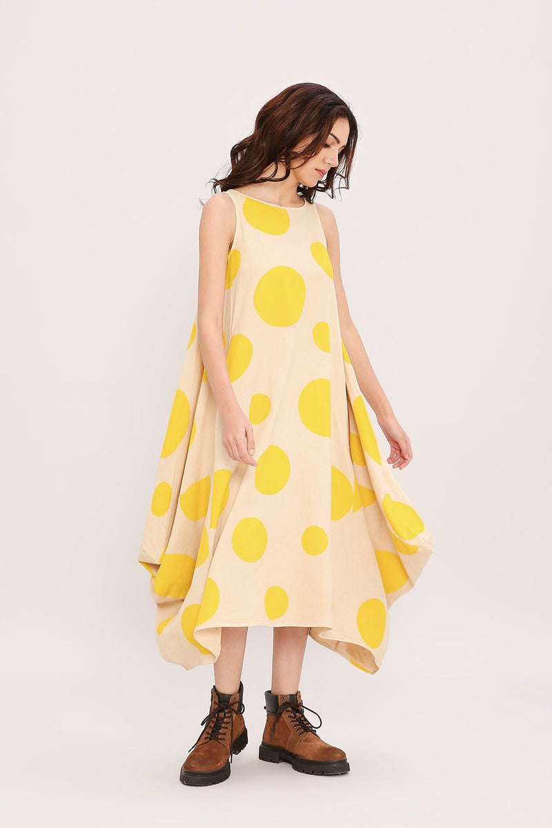 Yellow Hand Block Printed Polka Vari Dress cotton by Mati in yellow color for women Worldwide