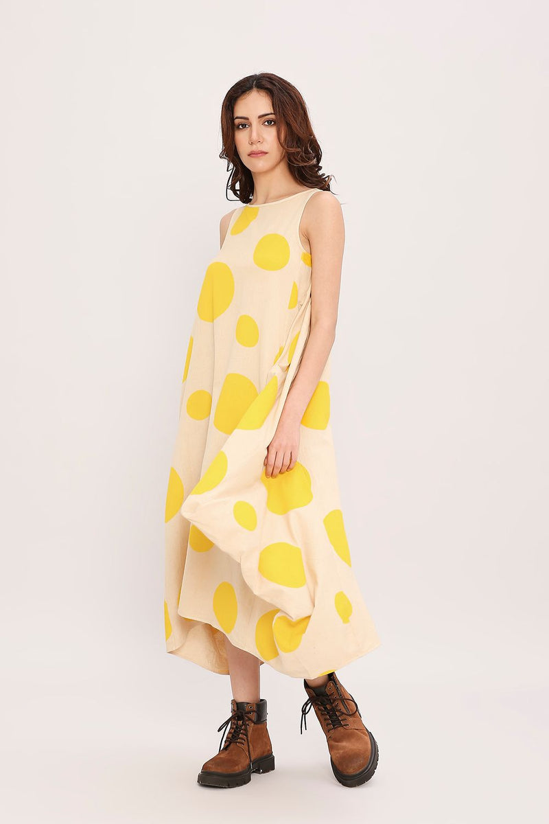 Yellow Hand Block Printed Polka Vari Dress cotton by Mati in yellow color for women Worldwide