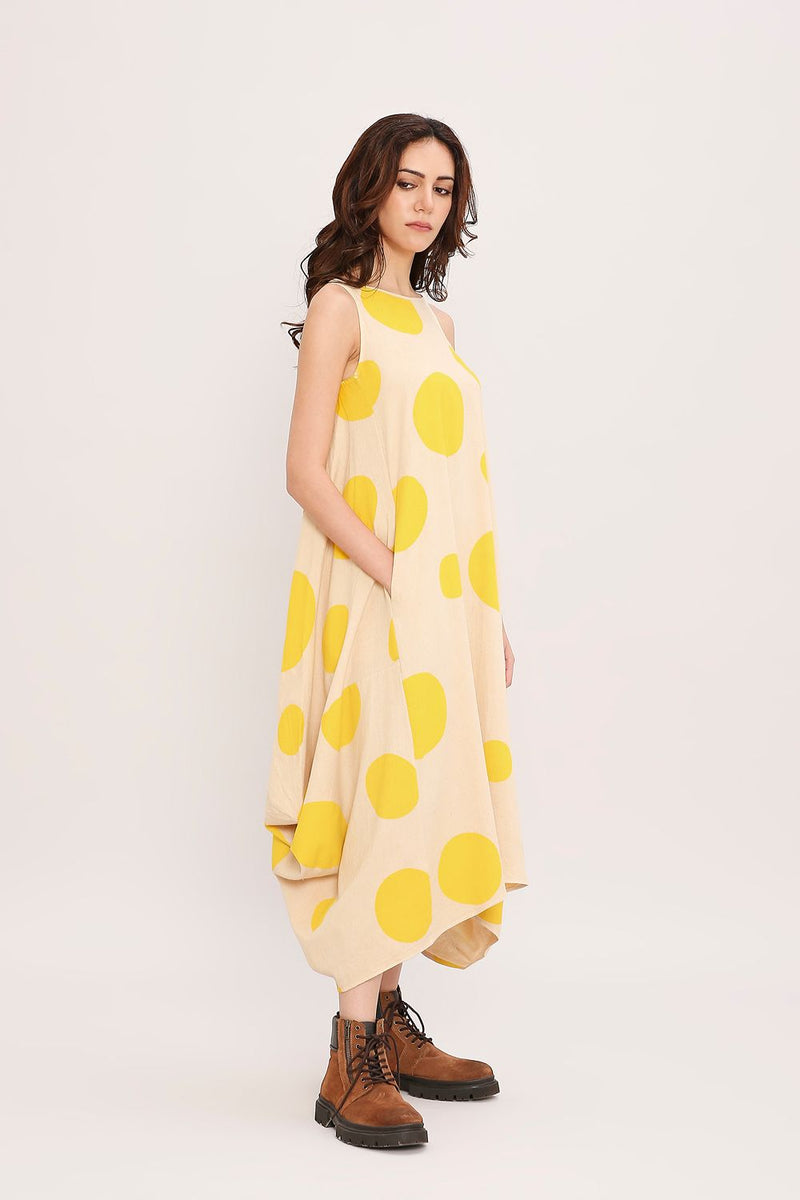 Yellow Hand Block Printed Polka Vari Dress cotton by Mati in yellow color for women Worldwide