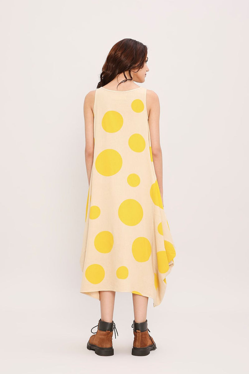 Yellow Hand Block Printed Polka Vari Dress cotton by Mati in yellow color for women Worldwide