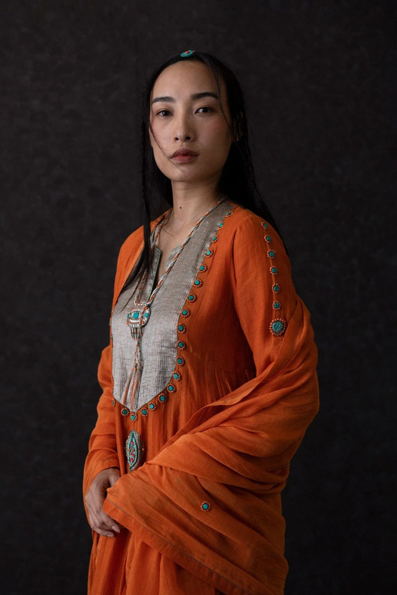 Yudron Kurta-Orange chanderi by Shades of India in orange color for women Worldwide