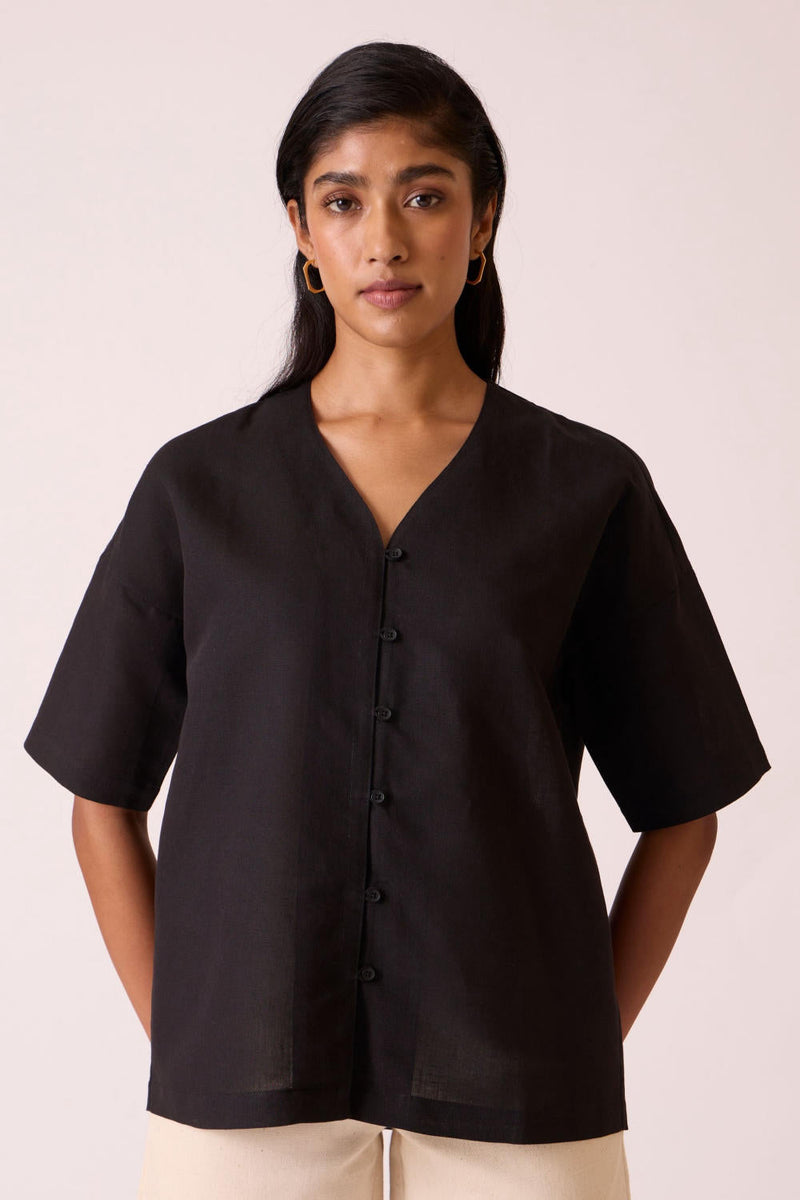 Yuko Black Linen Cotton top cotton by The Summer House in black color for women Worldwide