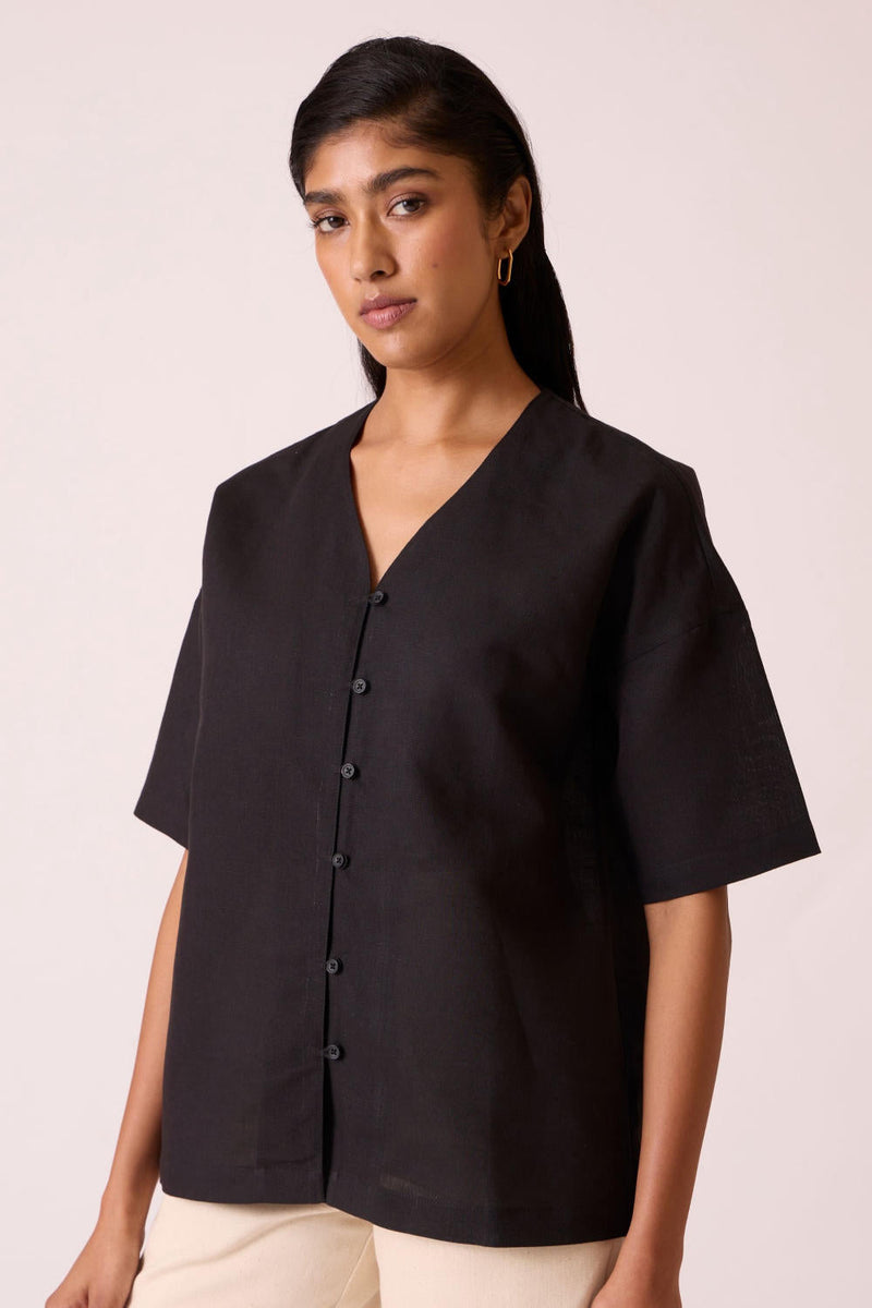 Yuko Black Linen Cotton top cotton by The Summer House in black color for women Worldwide