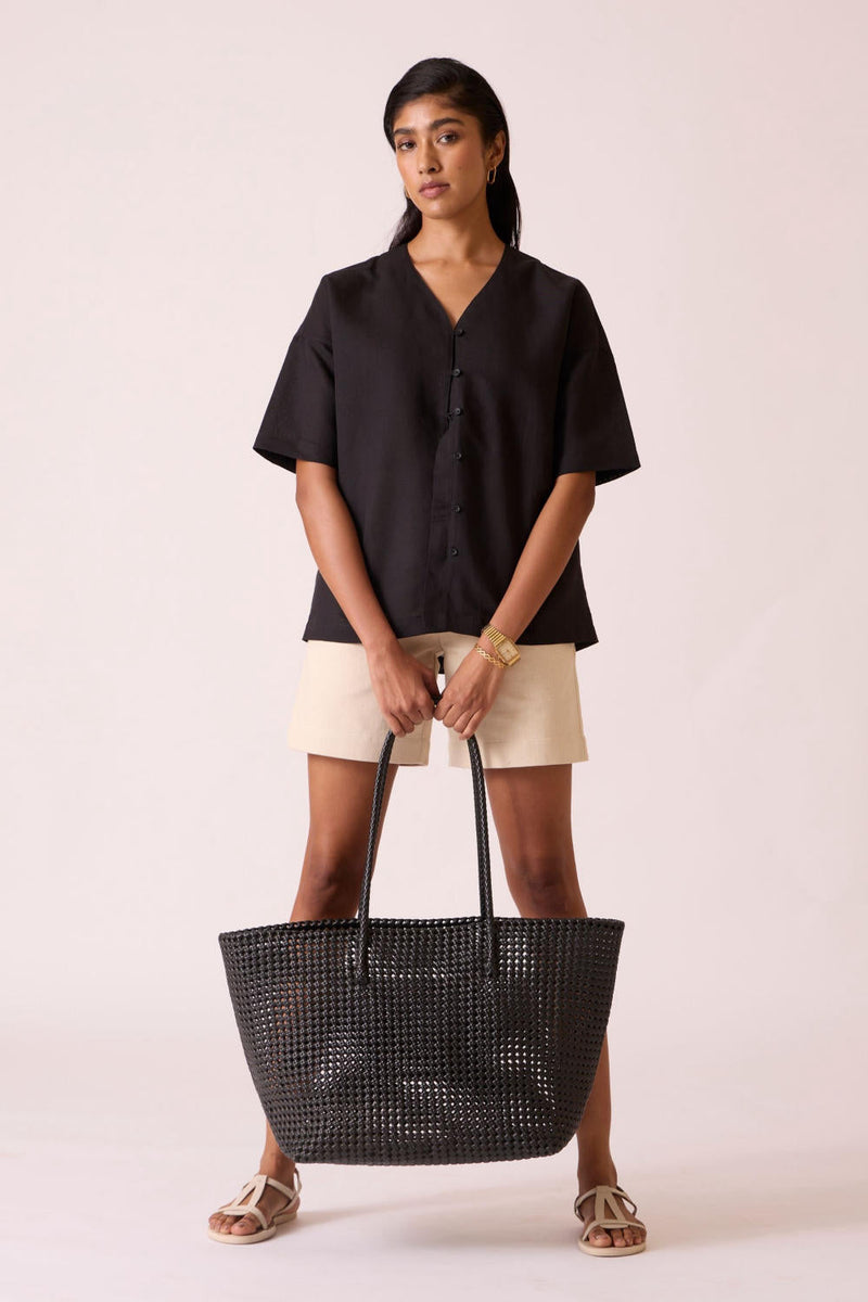 Yuko Black Linen Cotton top cotton by The Summer House in black color for women Worldwide
