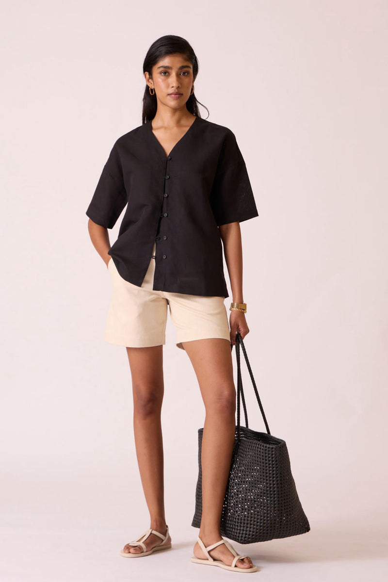 Yuko Black Linen Cotton top cotton by The Summer House in black color for women Worldwide