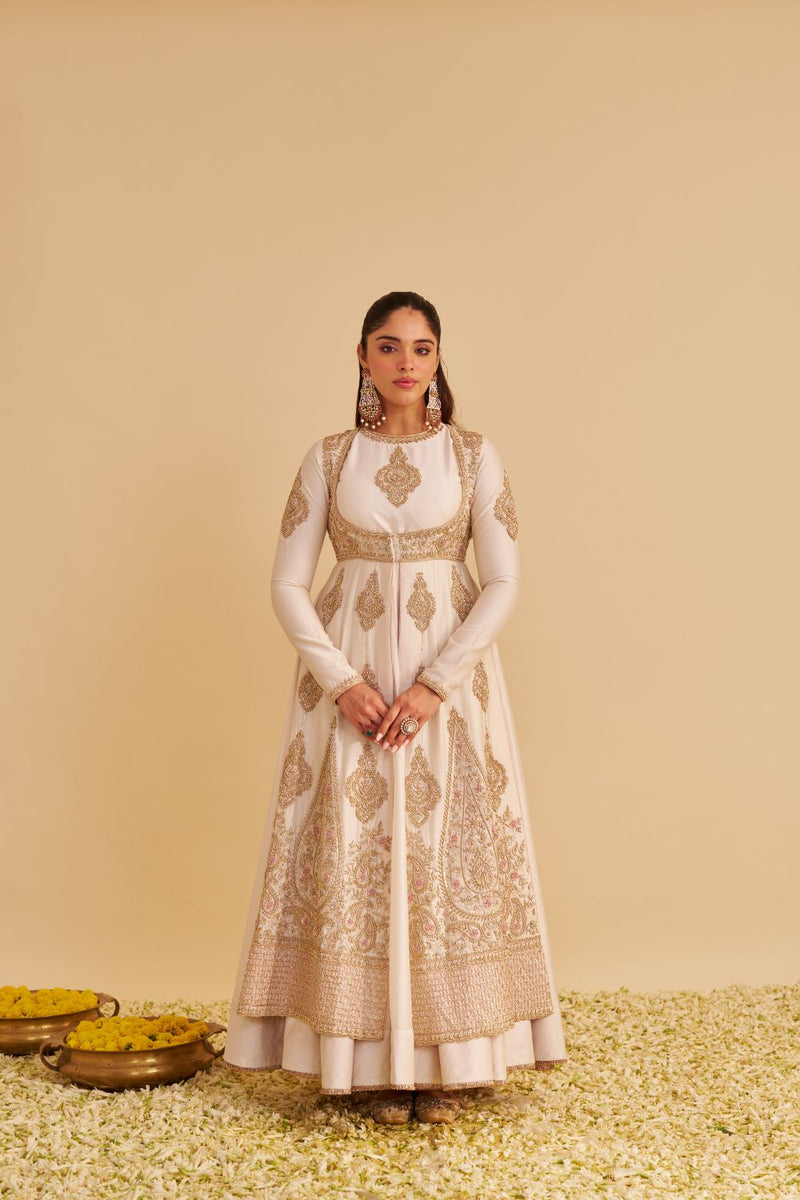 Zainah - Dabka Zardozi Embroidered Silk Daisy Ivory Anarkali Set silk by SHEETAL BATRA in ivory color for women Worldwide