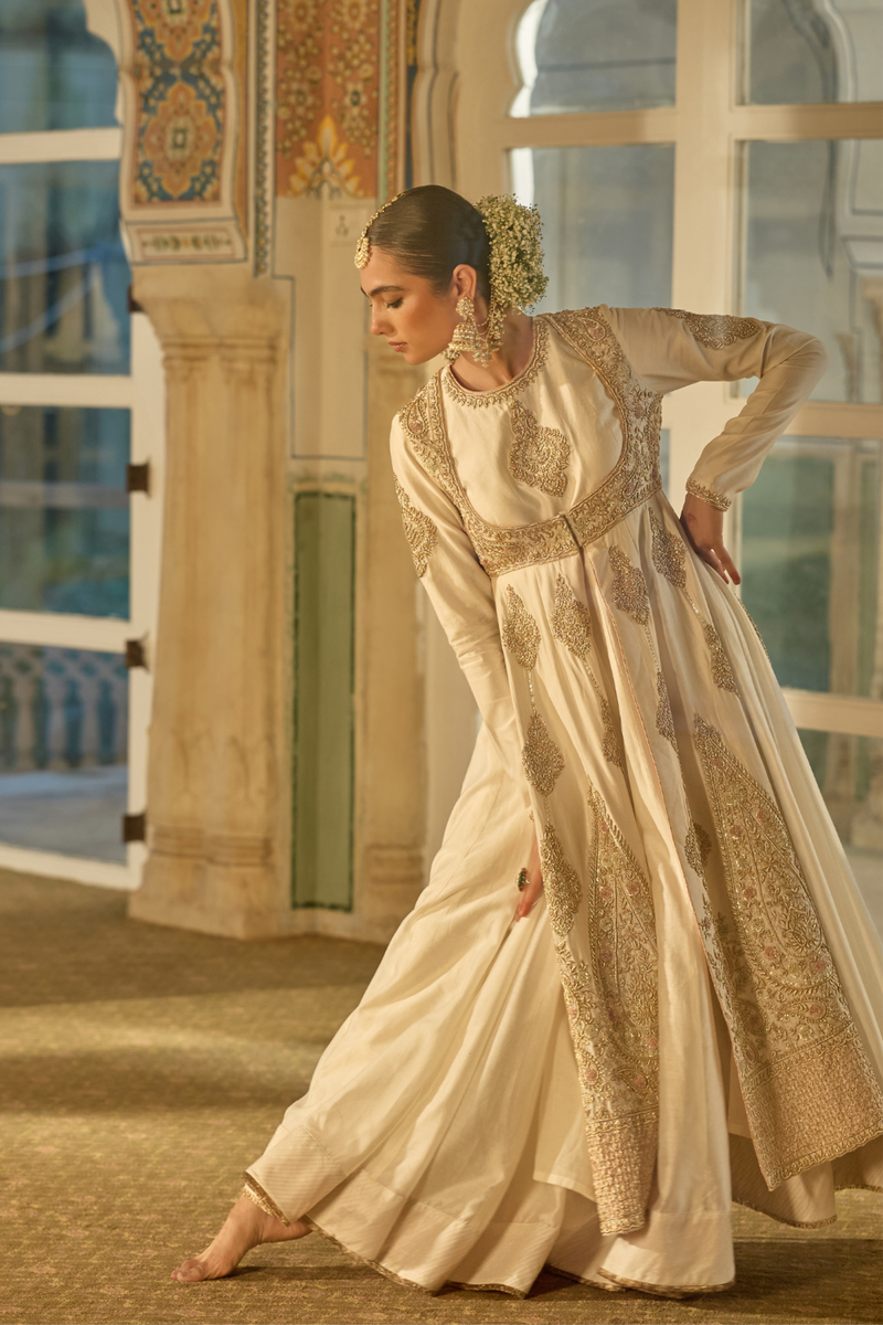 Zainah - Dabka Zardozi Embroidered Silk Daisy Ivory Anarkali Set silk by SHEETAL BATRA in ivory color for women Worldwide