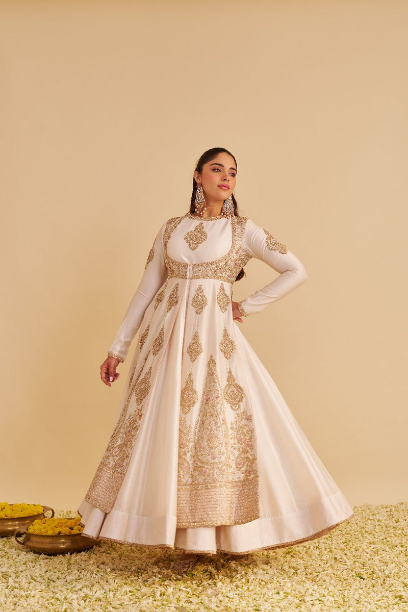 Zainah - Dabka Zardozi Embroidered Silk Daisy Ivory Anarkali Set silk by SHEETAL BATRA in ivory color for women Worldwide