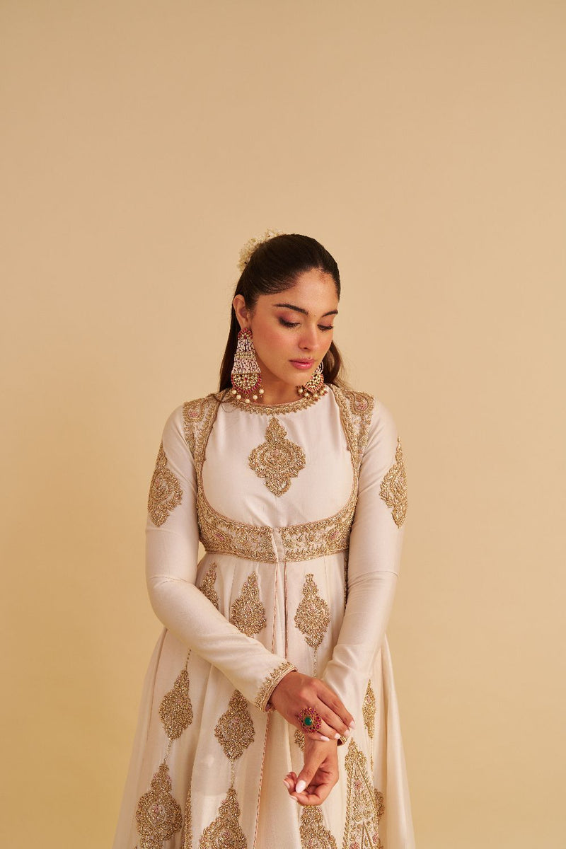 Zainah - Dabka Zardozi Embroidered Silk Daisy Ivory Anarkali Set silk by SHEETAL BATRA in ivory color for women Worldwide