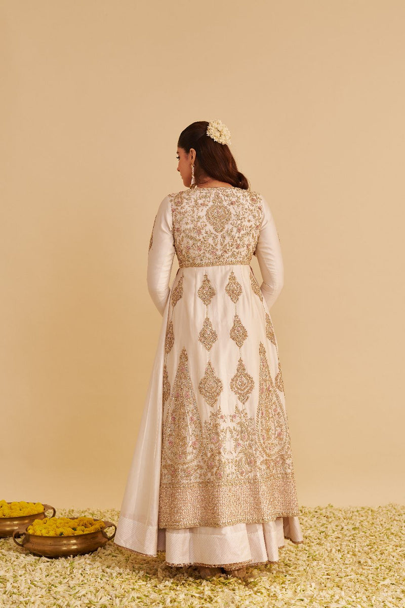 Zainah - Dabka Zardozi Embroidered Silk Daisy Ivory Anarkali Set silk by SHEETAL BATRA in ivory color for women Worldwide